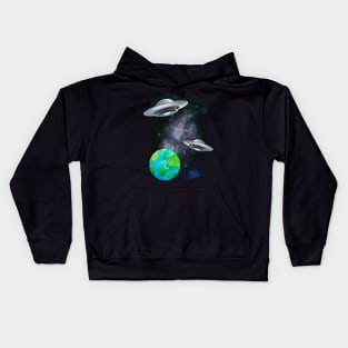 Ufo alien funny cute flying spaceship astronaut moon mars cosmic forest Kids Hoodie